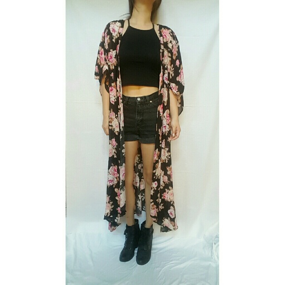 Pink floral long kimono
