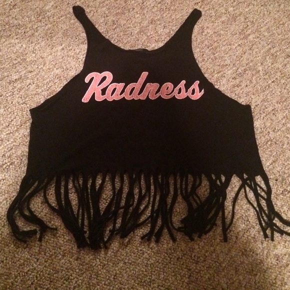 black "radness" crop top with fringes