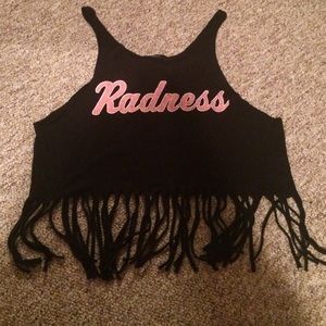 black "radness" crop top with fringes