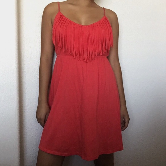 Red orange dress w fringe and adjustable straps