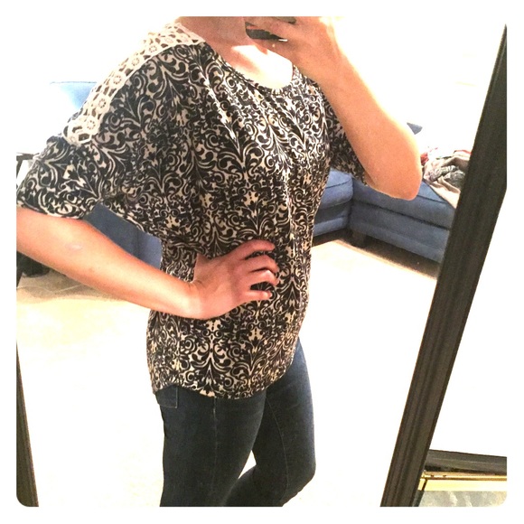 Navy and cream top with crochet detailing