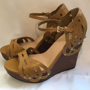 Yellow wedge ankle strap sandal with gold accents