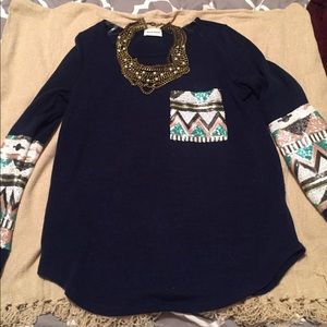 Navy blue sweater with sequined sleeves/pocket