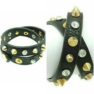 Black leather spike stud rhinestone wrap bracelet