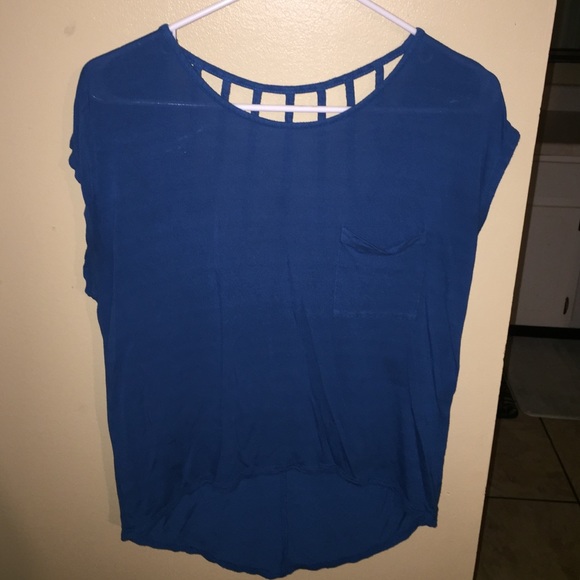 Blue Blouse with Cut Out Back and Front Pocket