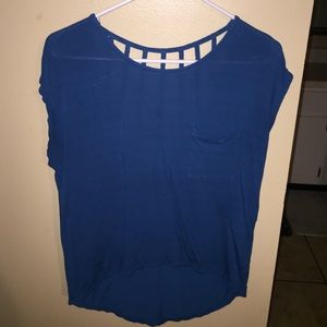 Blue Blouse with Cut Out Back and Front Pocket