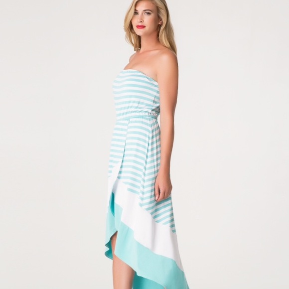 Bebe Striped Strapless Dress with Hi-Lo hem