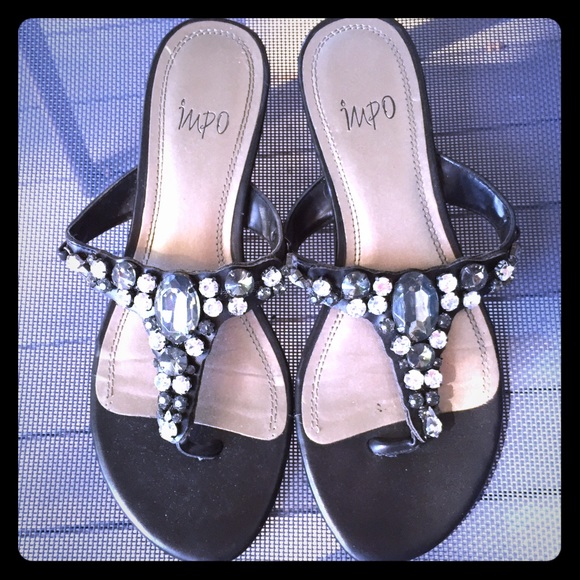 Black Wedge Rhinestone Thong Sandals Size 7
