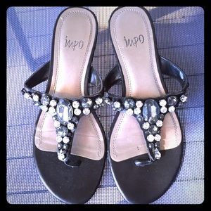 Black Wedge Rhinestone Thong Sandals Size 7