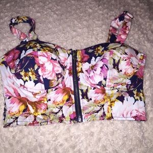 Floral Fitted Zip Front Crop Top