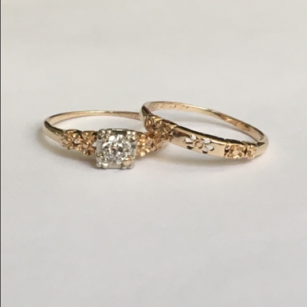 14K Gold 1920s Vintage Diamond Wedding Ring Set