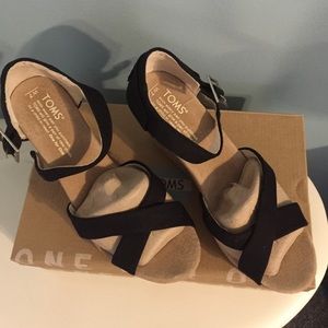 Toms black canvas cork wedge sandals