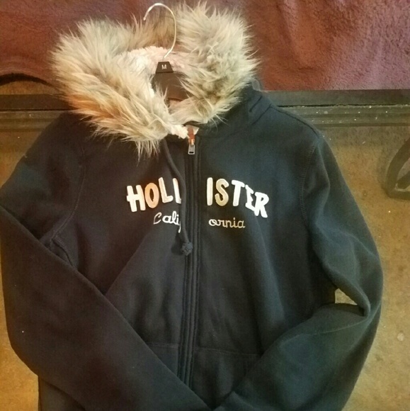 Fur hood Hollister  navy blue jacket
