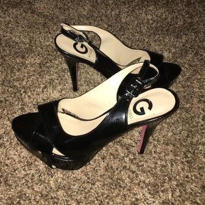 G by Guess Black Patent Peep Toe Platforms