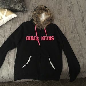 Girls with guns black fur zip up hoodie.