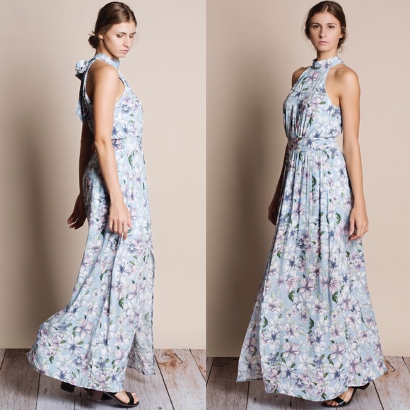 Powder Blue Tie Back Floral Maxi Dress - Picture 2 of 4