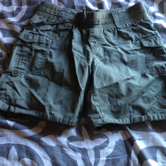 Olive green maternity shorts.