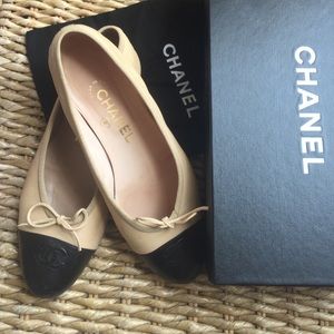 100% Authentic Chanel Ballerina Flat Beige Blk 8.5