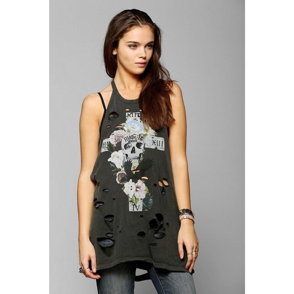 Truly Madly Deeply Skull Flowers Shredded Tank Top