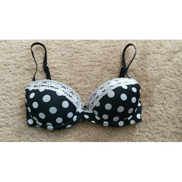 Dark blue and white polka dot bra with lace