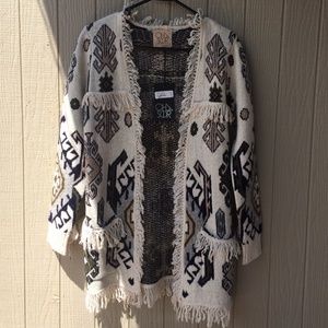 Chaser Tapestry Jacquard Fringe Open Long Cardigan
