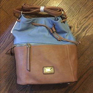 Blue and tan leather bucket bag NWT