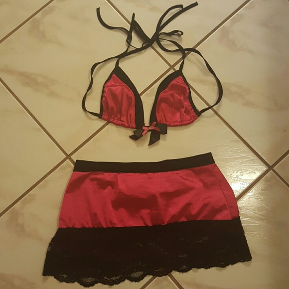 Hot pink satin and lace bralette skirt lingerie se