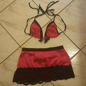 Hot pink satin and lace bralette skirt lingerie se