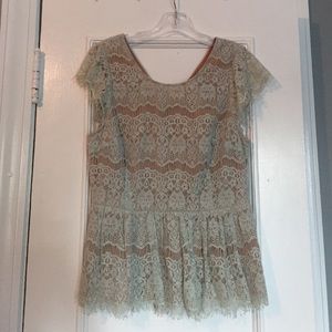 Lace, peplum blouse in sky blue with nude underlay