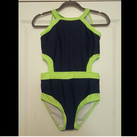 Navy/Neon Green Cutout One Piece Swimsuit NWOT