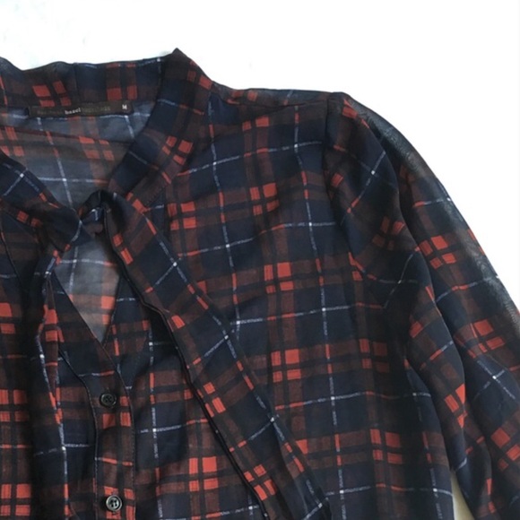 {HazelHaze} Sheer Tartan Plaid Ribbon Tie Blouse - Picture 3 of 3