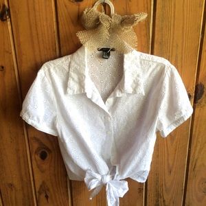 Button down, white cropped blouse