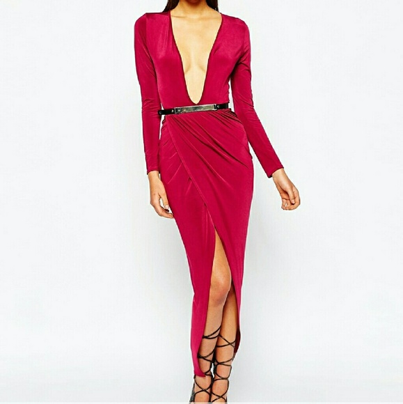 Club L drape slinky wrapover dress with metal belt - Picture 1 of 3