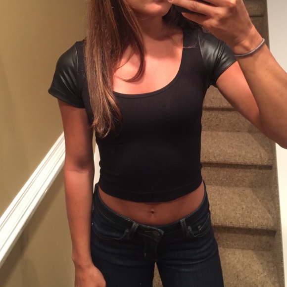 Black crop top with leather sleeve