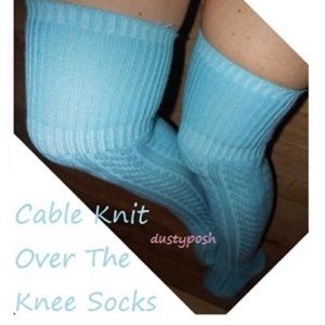 Long cable knit over the knee socks Thigh High OTK Blue Boot Cozy Fall Winter