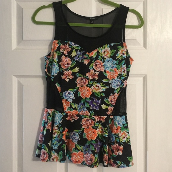 Floral Peblum Top with Mesh Cutouts