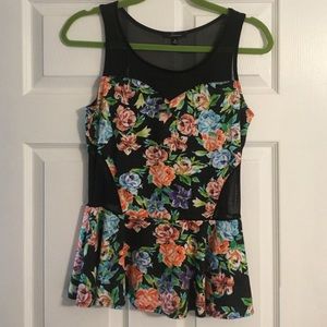 Floral Peblum Top with Mesh Cutouts