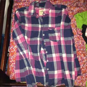 Women's Pink and Blue Plaid Button Up Shirt