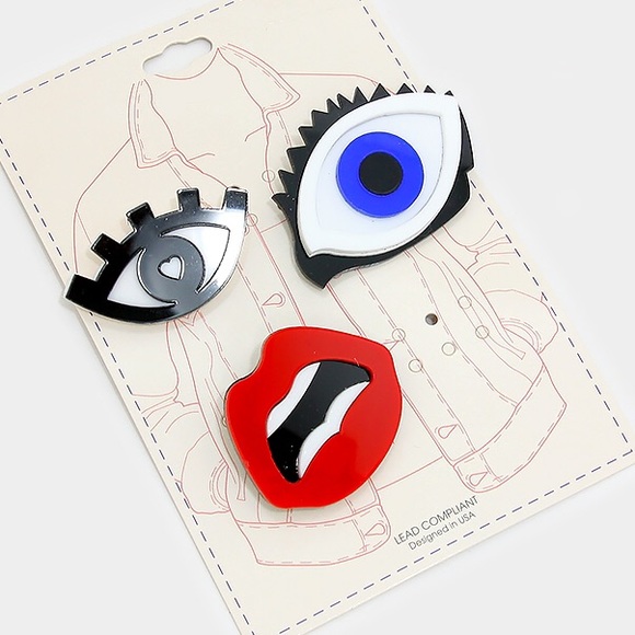 Evil eye lips decal plastic brooch pin trendy 80s - Picture 4 of 4