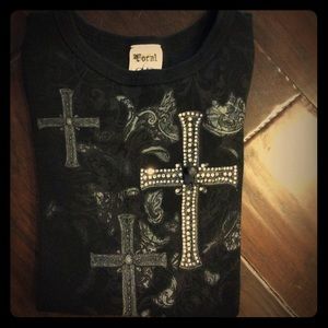 Black Thermal LongSleeve Shirt - Rhinestone Cross