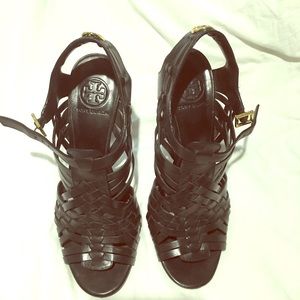 Tory Burch Black Leather Huarache Sandals