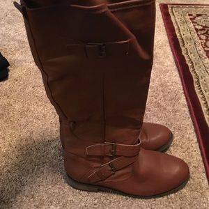 Brown mid calf boots with faux buckles