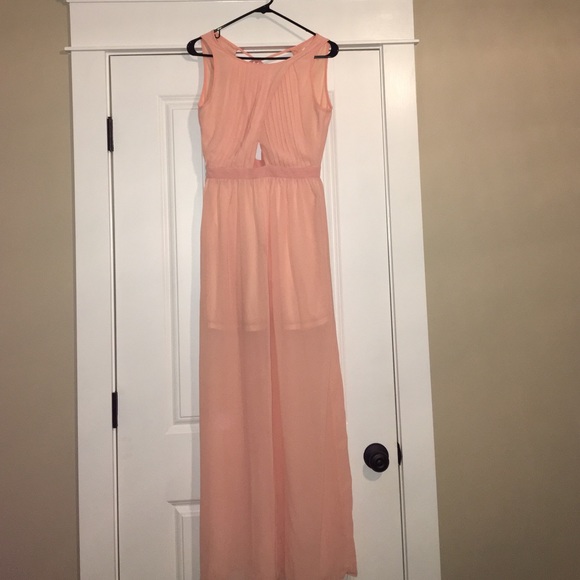 Women's long chiffon peach colored dress