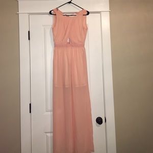 Women's long chiffon peach colored dress