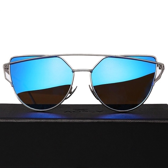 Mirror Cross Wire Cat Eye Sunglasses w/ Case - Picture 2 of 4