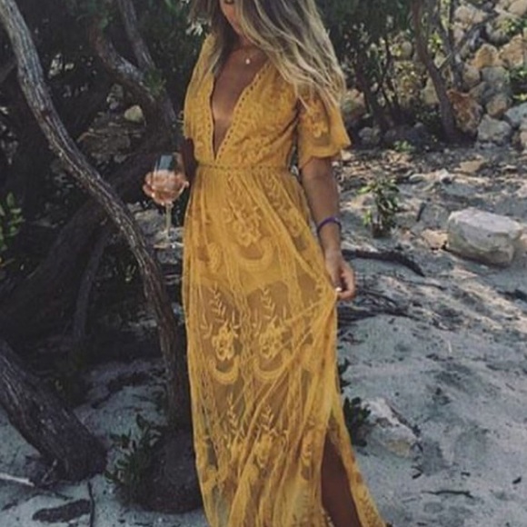 Lace Mustard Maxi Dress - Picture 2 of 2