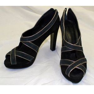 J. Crew Heels 8.5 Black Gray Suede Shoes Peep Toe