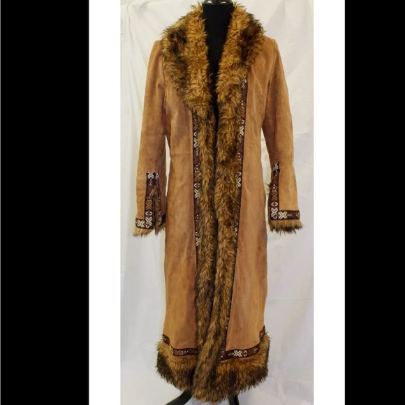 Long suede coat Medium tan brown leather fur