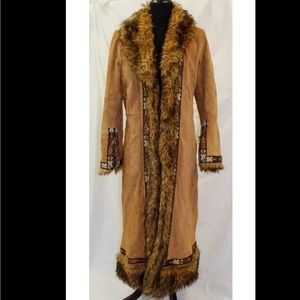 Long suede coat Medium tan brown leather fur