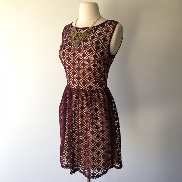 City Trends Dresses & Skirts - Maroon and nude net lace dress